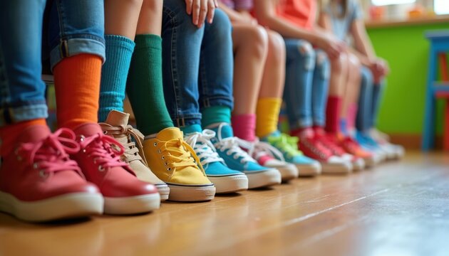Diverse school children sit in row on classroom floor wearing colorful sneakers, bright socks. Multicultural group of kids showcase unity during group activity at school. Students enjoy learning