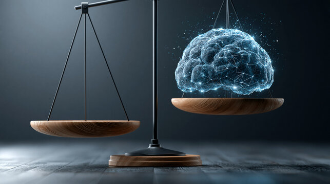 Balance scale weighing digital brain, representing artificial intelligence ethics, technology, and legal principles