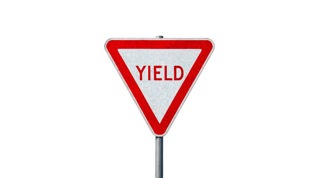 Reflective yield sign on metal pole, red triangular road warning signal, traffic safety caution indicator, street highway control, yield, road, sign, safety, traffic, caution, warning, street.