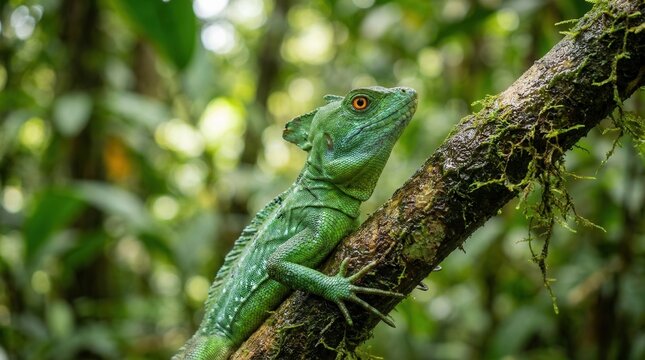 Green Basilisk Lizard Perched on Mossy Branch in Lush Rainforest.