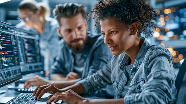 Diverse startup team coding software application, collaborating on data algorithms and digital development project