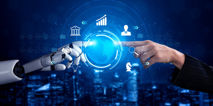Futuristic Collaboration Between Human And Robot Hands Symbolizing Technology, Innovation, And Partnership In A Digital World With Data Visualization And Connectivity. Sentient.