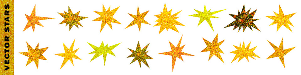 Fototapeta na wymiar Gold glitter cut out stars set. Sparkling irregular star paper clippings collection. Vintage stickers for Christmas holiday collage and scrapbook. Golden, yellow elements vector isolated as png