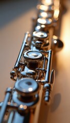 Obraz premium Close-up view of shiny silver flute keys and body. Polished metal wind instrument with intricate details sits on plain surface. Soft light illuminates instrument.