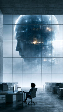 Employee working in modern office with giant digital head projection, symbolizing AI future and data intelligence