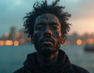 Obraz premium Man with face covered in dark soot stands near water with city lights blurry background. Represents environmental pollution crisis. Eco problems affect everyone globally.