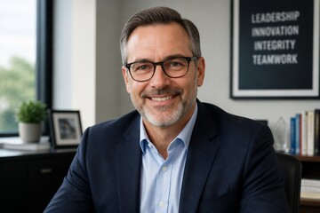 Obraz premium Middle aged businessman smiling at office desk