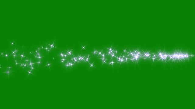 Glittering stars line glowing sparkle trail animation shimmering starlight trails twinkling magic dust on green background luxury white glitter sparkles star trail, pixie dust path. 4k
