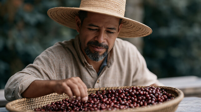 Colombian coffee farmer in a wide straw hat sorting freshly picked cherries on a flat woven basket at harvest, agricultural precision, fair trade, tropical mountain growing