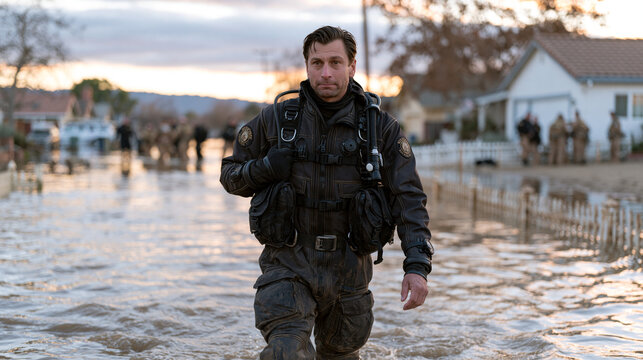 A rescue diver in full dry suit wades through flooded residential streets at dusk, carrying emergency supplies above murky water, submerged fences visible below, flood response