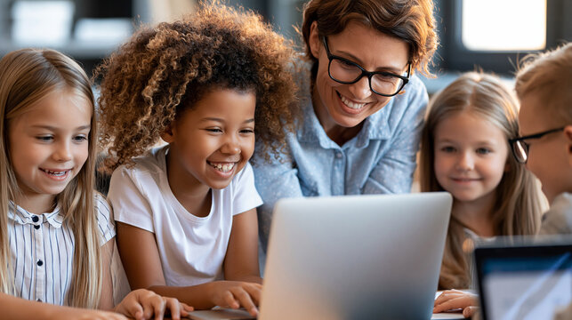 Teacher helping elementary school kids using laptop for AI-powered personalized learning, group education technology concept