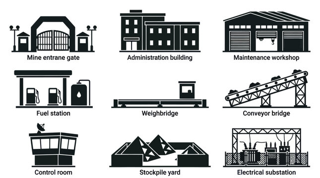 including mine entrance gate  administration building  maintenance workshop  fuel station  weighbridge  conveyor bridge  control room  stockpile yard  and electrical substation