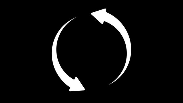 White circular arrows icon showing a refresh or loading process on a black background,with 4k video animation.