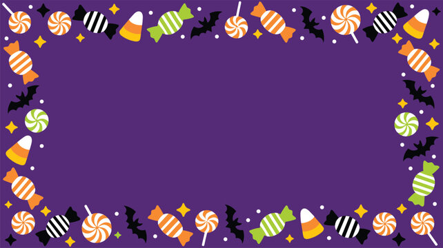 Halloween candy border with bats on purple background halloween background lollipops celebration decorated seasonal illustration invitation