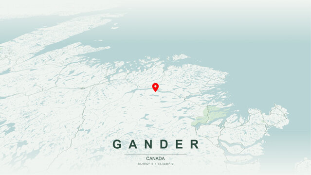 Modern minimalist vector map of Gander, Newfoundland and Labrador. High-quality scalable illustration of Gander geographic boundaries, Gander Lake shoreline and Cobb's Pond networks for posters design