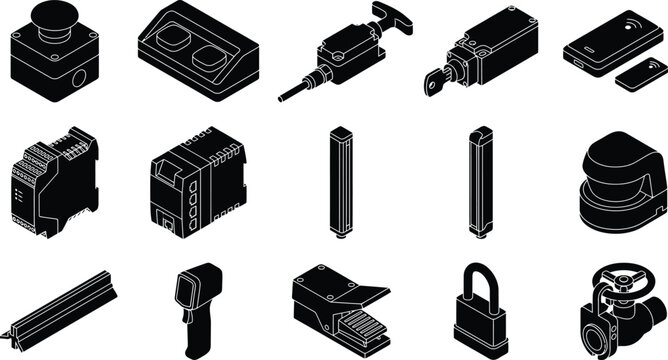 Industrial Machine Safety Device Silhouette Bundle Set, Factory Automation Equipment Vector Collection