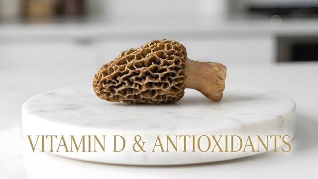 Single gourmet morel mushroom with unique honeycombed texture resting on a white marble plate in a bright modern kitchen for nutritional vitamin D and antioxidant themes daily.