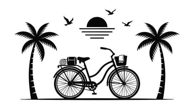 Black bicycle with palm trees at sunset