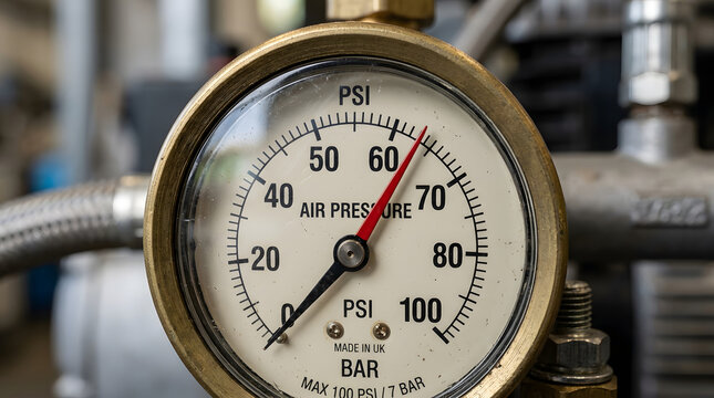 Pressure gauge with red needle close up photo of industrial equipment