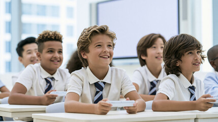 Fototapeta premium Young Students in Classroom: A diverse group of young students in uniform, attentively listening to a lesson in a modern classroom, a symbol of learning and education.