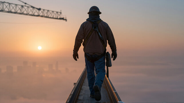 Steel erection ironworker walking a narrow beam fifty stories above a foggy city skyline at dawn, safety harness clipped, rivet gun at hip, construction crane arm visible in