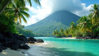 Scenic tropical landscape with active volcano mountain rising above turquoise water lagoon. Palm trees grow along white sand beach with dark volcanic rocks. Sunny sky with clouds over exotic island