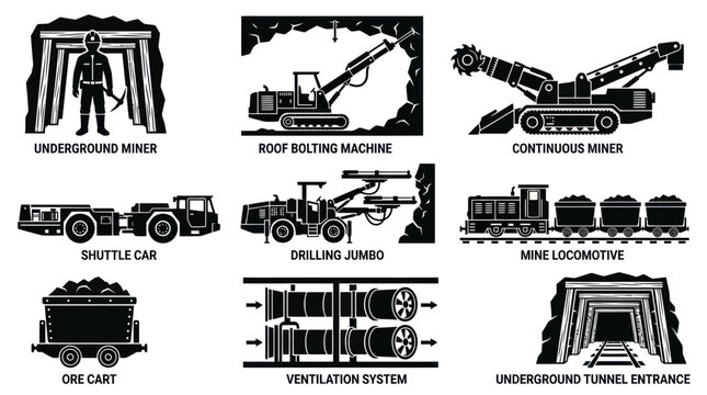 including underground miner, roof bolting machine, continuous miner, shuttle car, drilling jumbo, mine locomotive, ore cart, ventilation system, and underground tunnel entrance. 