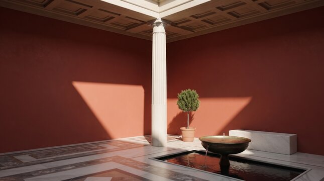 Interior of a classical Roman villa courtyard with a water fountain and red walls