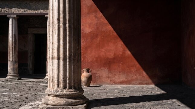 Ancient Roman courtyard with a fluted stone column and a clay amphora resting against a red wall