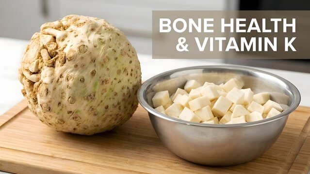Whole celeriac root vegetable next to a stainless steel bowl of freshly diced white root pieces on a wooden cutting board for healthy food preparation and natural cooking concepts.