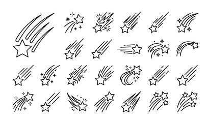 Falling star outline icons vector with shooting stars and motion trails in linear flat design © Md Monirul