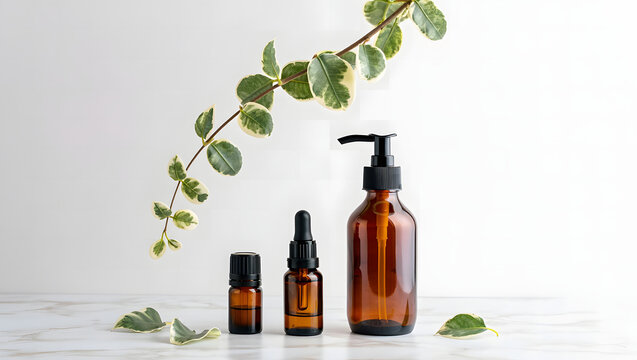 Amber glass bottles with eucalyptus branch on marble surface product presentation containers