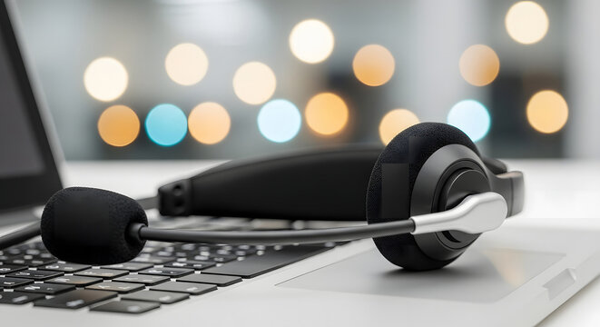 Black headset with microphone resting on laptop keyboard blurred bokeh background audio