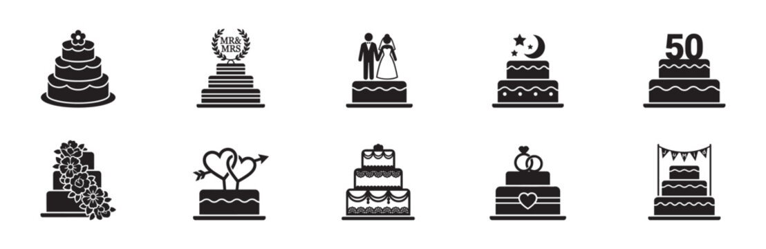 Wedding cake icon set. Various festive cakes with bride and groom, hearts, rings, flower decoration, Mr and Mrs topper, anniversary 50, and party flags. Vector illustration.