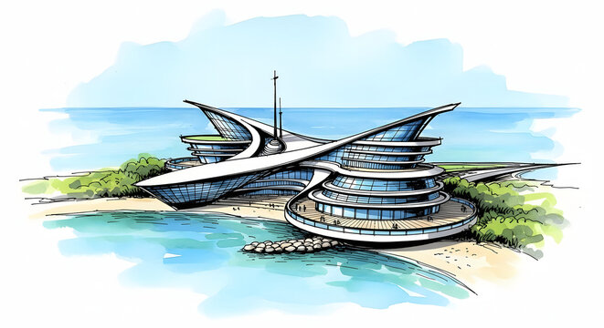 Architectural rendering of a futuristic coastal building with a scenic waterfront backdrop