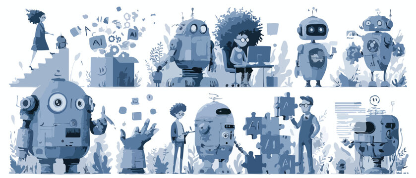 Artificial intelligence robot character set, blue monochromatic vector illustrations of humans and robots working together, futuristic technology concept