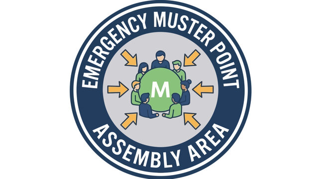 Emergency muster point assembly area sign guiding people for safe evacuation for group safety and coordination