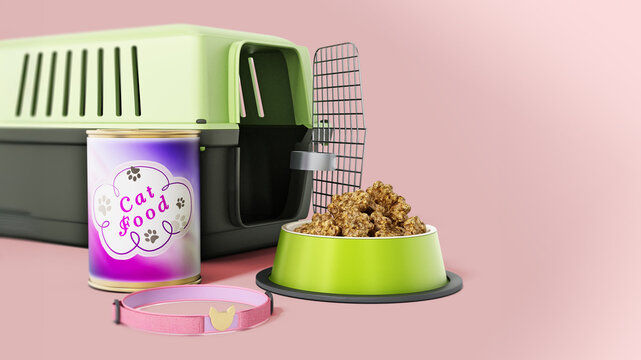 Cat collar, carrier and food isolated on warm background. 3D illustration