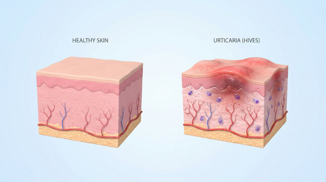 3D Medical Comparison of Healthy Skin and Urticaria Hives Allergic Reaction
