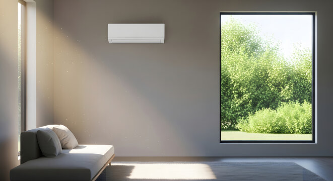 Wall mounted air conditioner in a minimalist room with large windows and neutral tones