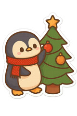 Fototapeta premium Playful penguin character standing beside a decorated Christmas tree