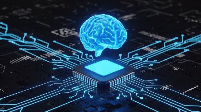 Digital brain floating above a glowing computer processor chip