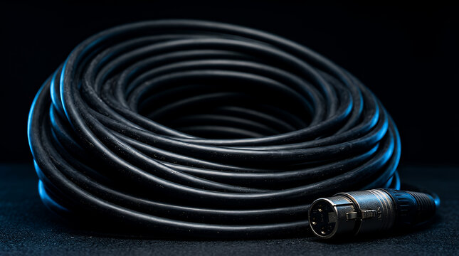 XLR cable coiled neatly on a dark surface serves as essential professional audio equipment for live sound production and recording studio setups where high quality signal transmission is required.