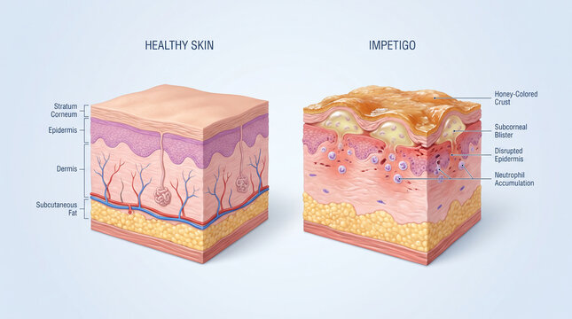 3D Medical Diagram of Healthy Skin vs Impetigo Bacterial Infection
