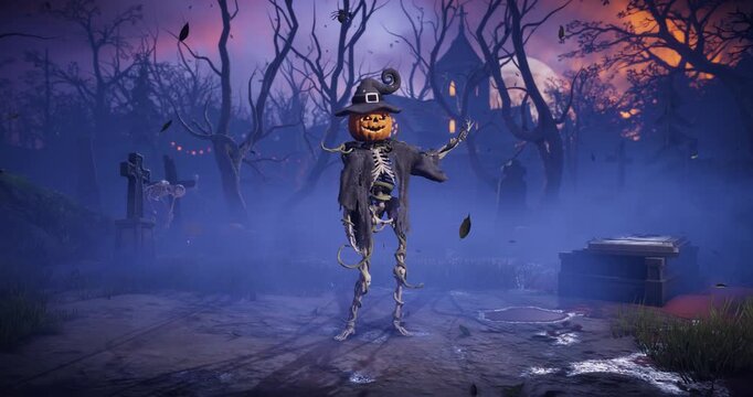 Funny 3D animation of Halloween pumpkin head skeleton talking, scaring and laughing in spooky night cemetery. Humorous talking jack o lantern character gesturing in scary foggy graveyard.