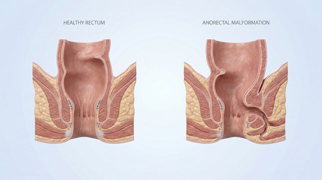 3D Medical Illustration of Healthy Rectum vs Anorectal Malformation

