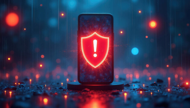 Smartphone displays red shield with exclamation mark signifying danger. Abstract digital background with glowing red and blue lights creates sense of cyber threat. Security alert on phone.