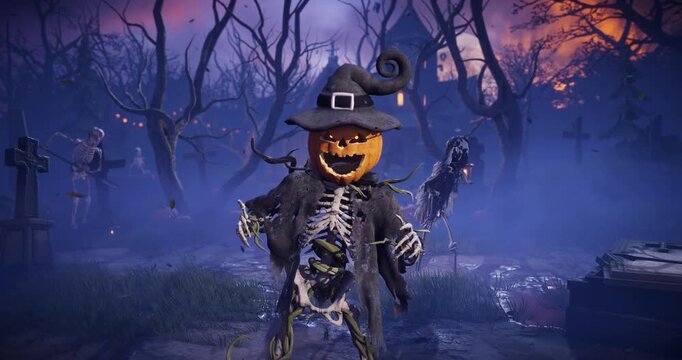 Funny 3D animation of Halloween pumpkin head skeleton talking, scaring and laughing in spooky night cemetery. Humorous talking jack o lantern character gesturing in scary foggy graveyard.