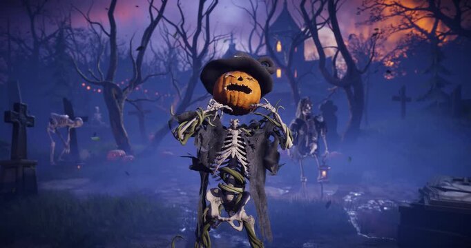 Funny 3D animation of Halloween pumpkin head skeleton talking, scaring and laughing in spooky night cemetery. Humorous talking jack o lantern character gesturing in scary foggy graveyard.