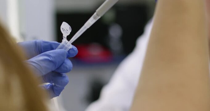 A thin pipette tip is used to draw a substance from a plastic Eppendorf tube and close it. A close-up of a scientist working with a test tube.